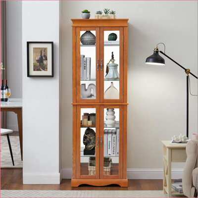 Cabinets | Lighted Glass Curio Display Cabinet with Adjustable Shelves &amp; LED Lights | Walnut Brown MDF+Glass | Traditional | Living Room