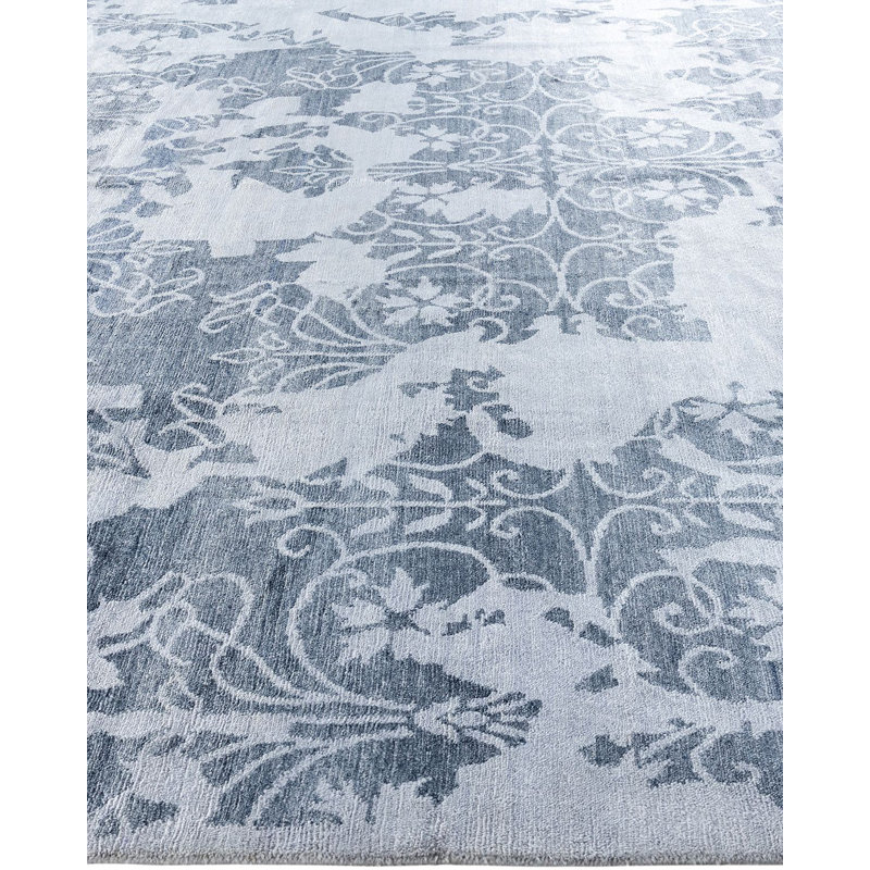 Ivory and Blue Hand-Knotted Silk Area Rug, 9' 3" x 12' 2"