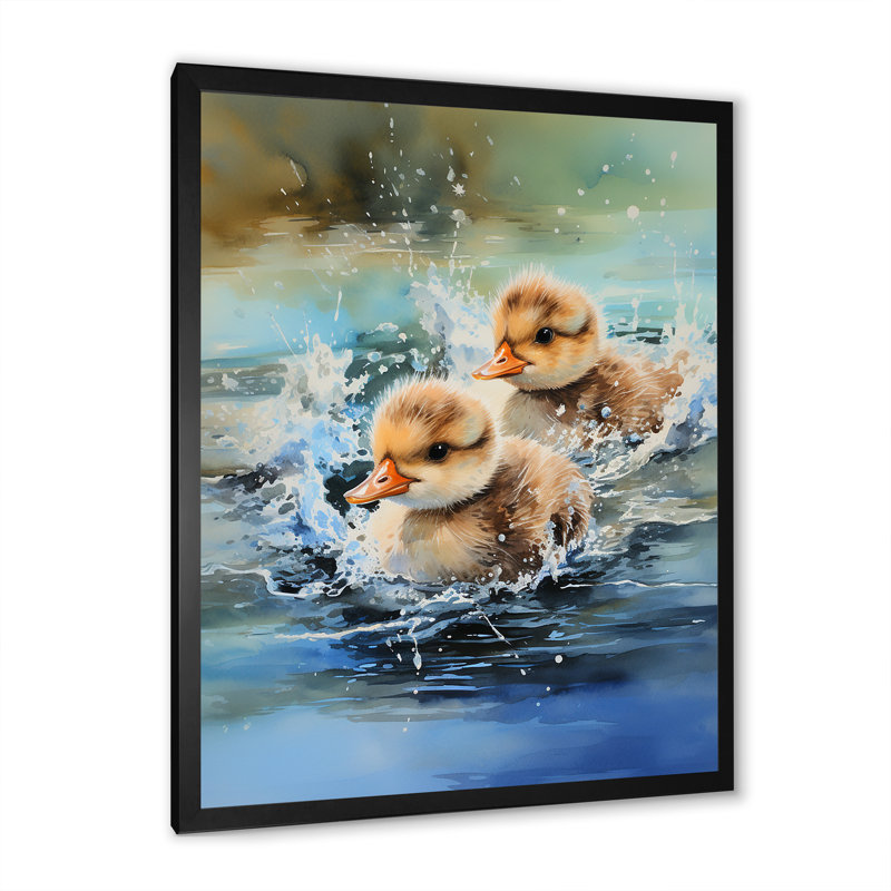 «Playful Paddler Ducklings» - Art mural animal canard, Cadre simple noir, H 32 po x l 16 po x P 1 po