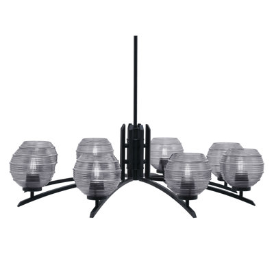 Lustre 8 lumières Kurve illustré en finition noir mat avec verre nervuré de 6 po