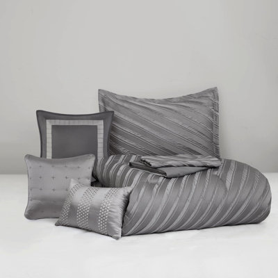 Grey 7 Pcs Queen Comforter - Transitional Style Diagonal , Soft , , Safe And Comfortable Use Design, Bedding Ensemble, All Season Fill,