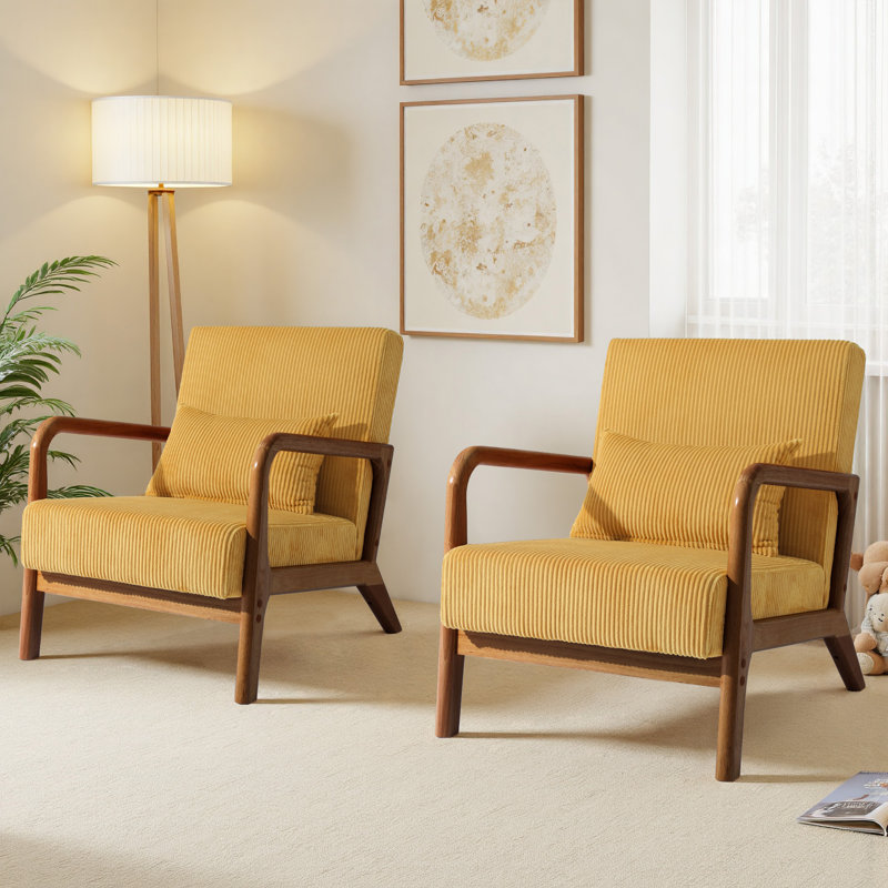 Jyrin Mid Century Upholstered Orange Corduroy Solid Wood Accent Chair with an Extra Pillow, Dark Brown Wood, Orange Corduroy