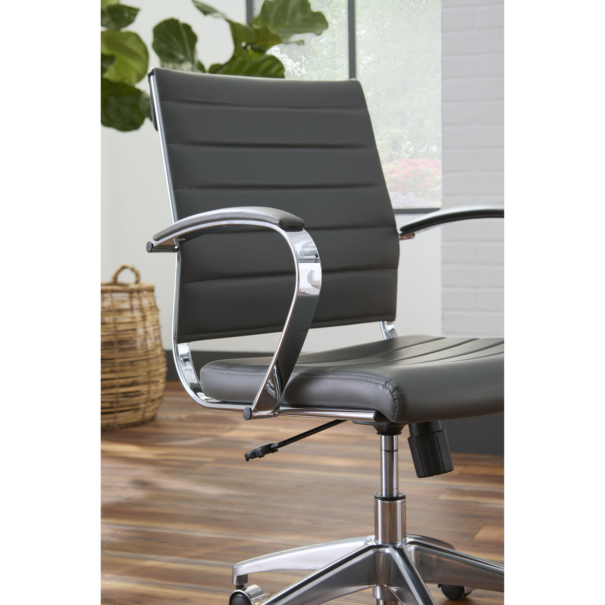 Rossie Swivel Office Chair, Gray Faux Leather, Fixed