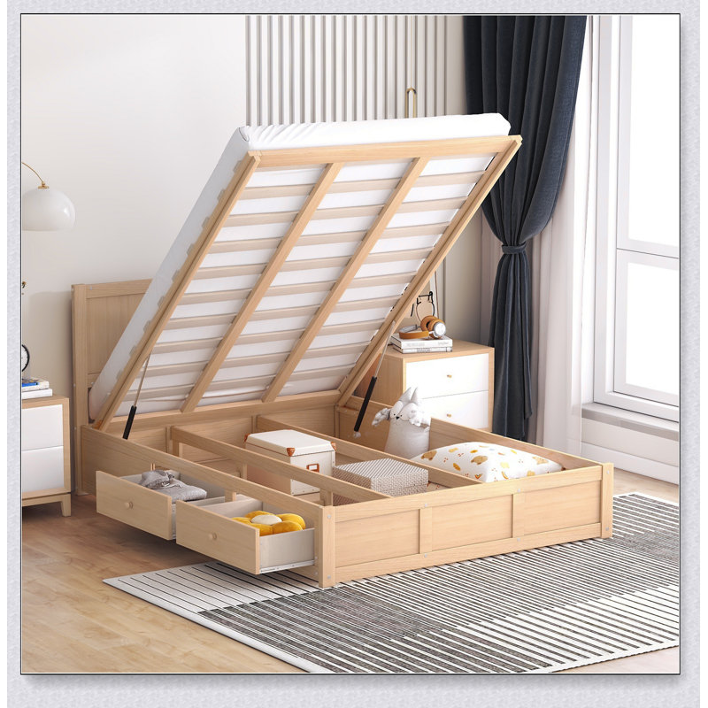 Lit plateforme avec rangement Peavler, Complète, Naturel / Blanc