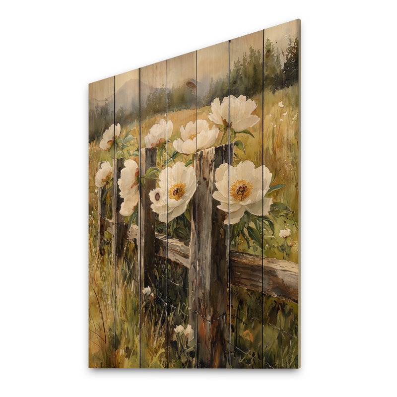 Pivoines dans la clôture pastorale I - reproduction de bois de pivoines - sur bois de pin naturel
