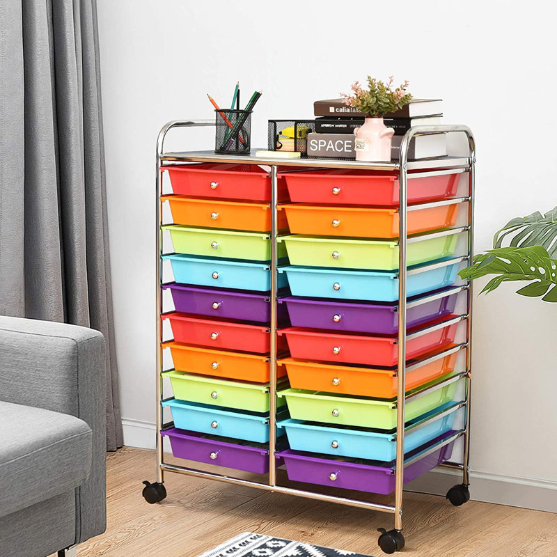 Halethorpe 20 Drawer Storage Drawer with Locking Wheels, Chrome, Multi Colour