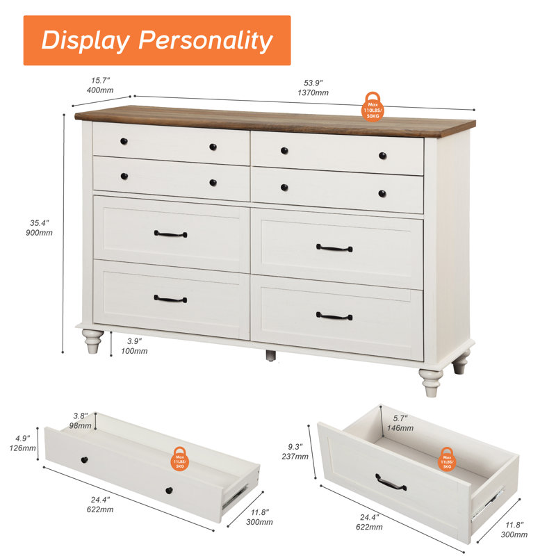 Scarlett 54" W 8-Drawer Solid and Manufactured Wood Dresser , Off White