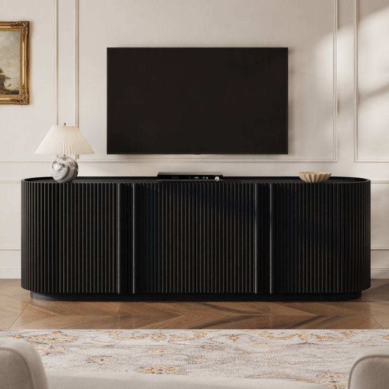 Meuble télé Mid-Century avec portes tambour rondes et tablettes réglables, Black