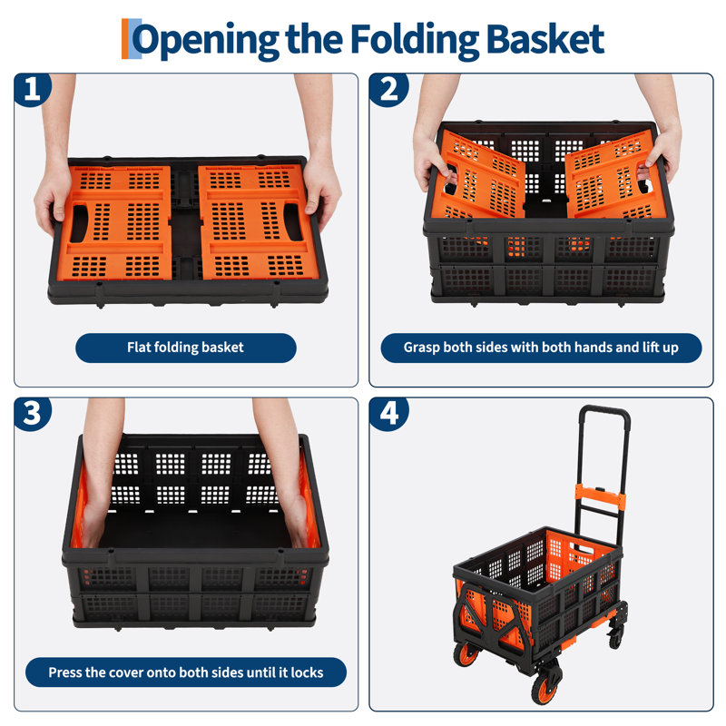 Chariot de manutention pliable 2 en 1, robuste et convertible (150 kg), avec panier pliable, cordon élastique, roues en caoutchouc et poignée rétractable. Parfait pour les déménagements, le bureau et le transport de bagages. Couleur : orange.