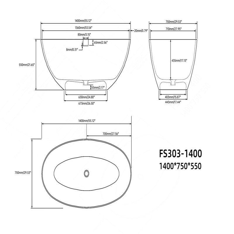 55" Premium Solid Surface Deep Soaking Bathtub, Matte White