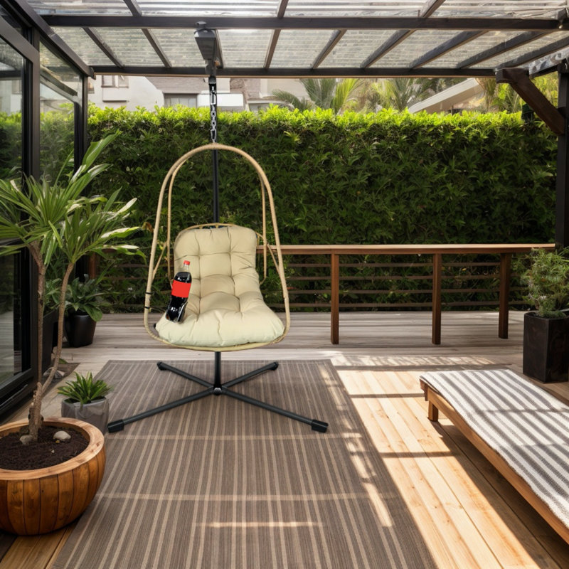Swing Egg Chair with Stand for Indoor/Outdoor, Foldable Wicker Rattan Patio Egg Swing Chairs ,Hammock Egg Chair with C Type Bracket,UV Resistant Cushion and Pillow  , 350 Lbs Capacity(Beige)