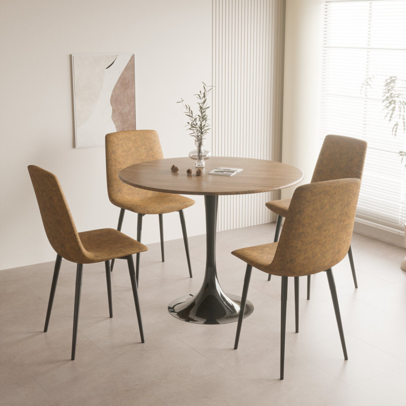 Table de salle à manger ronde 31,5 "couleur noyer, table de salle à manger tulipe 2 à 4 personnes avec plateau en panneau de fibres à densité moyenne et base à piédestal, table de bout Mid-Century