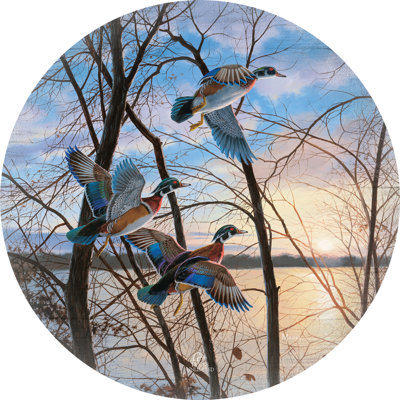 Envol du soir - Canards en bois, rond 21 po, panneau mural en bois