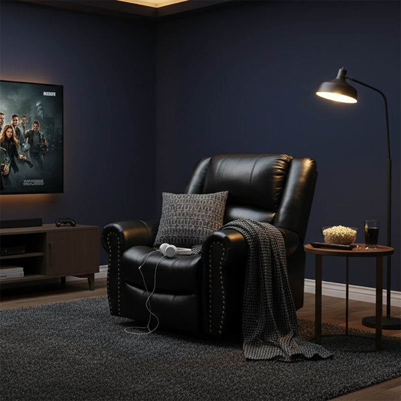 Fauteuil inclinable rembourré en cuir Vintage Power avec base relevable et fonction de massage chauffant, Cuir véritable noir