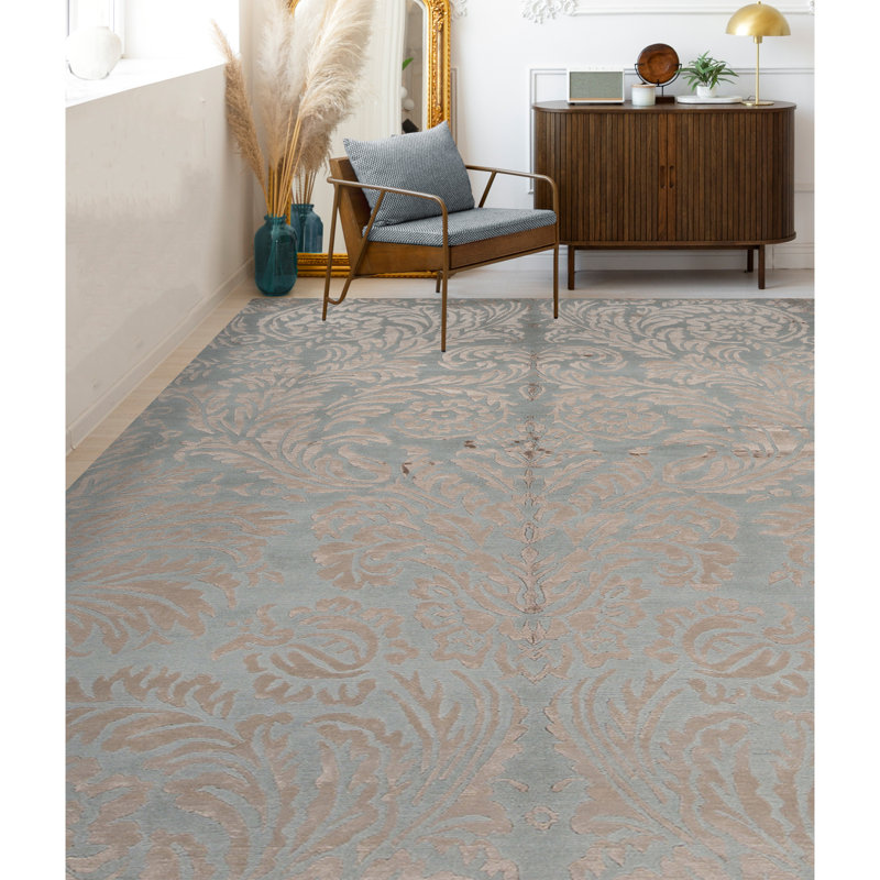 Himalayan Art Damask Area Rug in Blue, Rectangle 6'3" x 9'1"