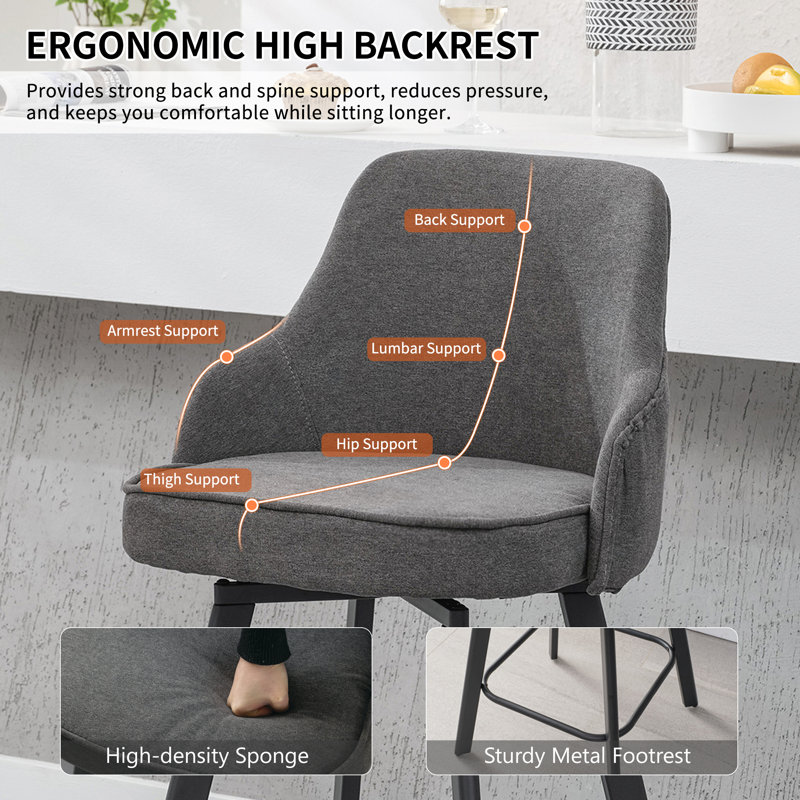 Swivel Linen Upholstered Counter Stool with High Back (Set of 3), Counter Stool (26" Seat Height), Gray, 3