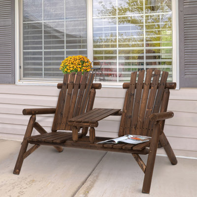 Chaise 2 places Adirondack en bois, banc de patio avec table, fauteuil d'extérieur avec causeuse pour porche, cour, terrasse, carbonisé