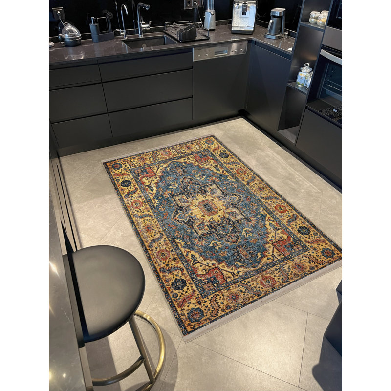 Tapis bleu / jaune à motifs traditionnels, Tapis de couloir 3 pi 9,81 po x 9 pi 10,11 po