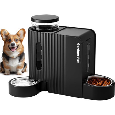 6L Large Capacity Pet Automatic Gravity Food Feeder and Water Dispenser 1.8 Gallons*2 Stainless Steel Two-in-One Set,Black