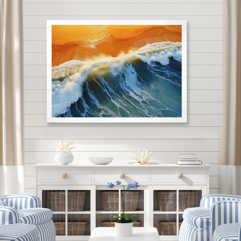 Vue aérienne de la plage bleue et orange III - art mural plage, Cadre de coin blanc fermé, H 30 po x l 40 po x P 1,5 po