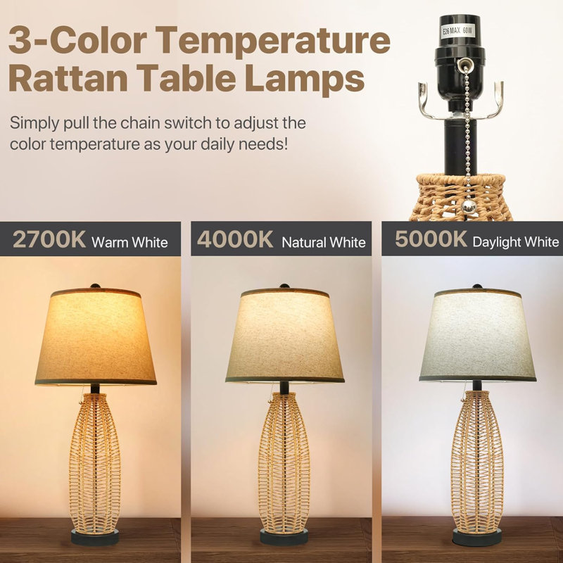 27" Boho Table Lamp: Rattan Lamp with USB A+C Charging Ports, 3-Colour Temperatures Boho Lamp with Pull Chain, Boho Bedside Lamp for Nightstand Bedroom Living Room, Bulb Included, 1-Pack