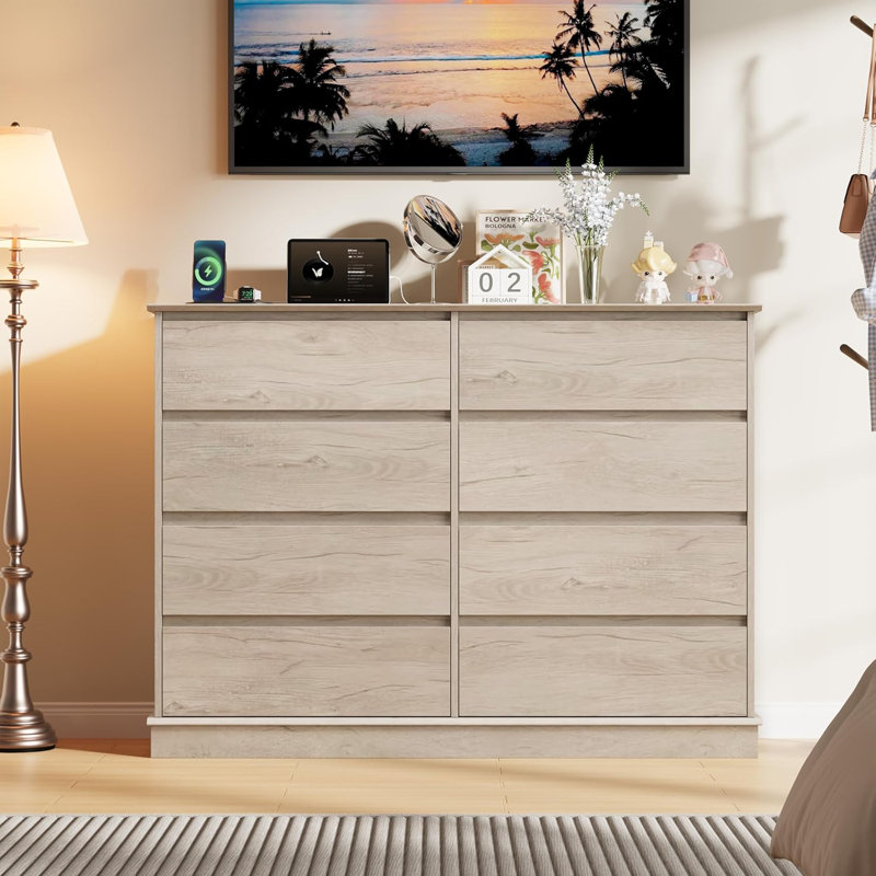 8-Drawer Wide Oak Modern Dresser with Spacious Top, Oak