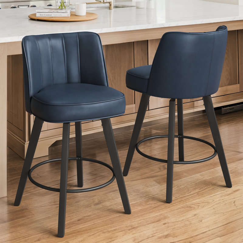 Norflett Solid Wood Swivel Counter Stool, Dark Blue Seat/ Black Frame