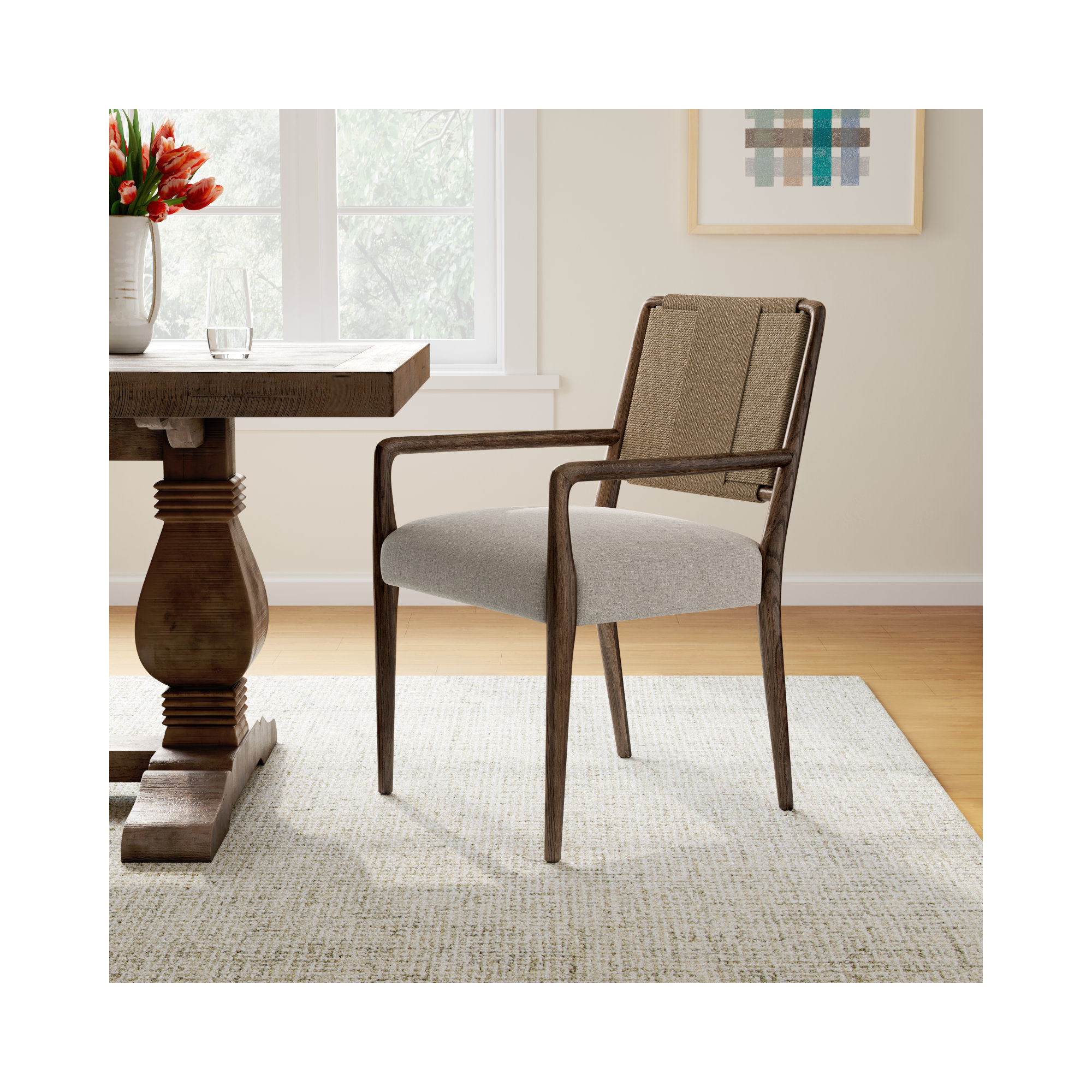 Betha Polyester Blend Armchair Dining Chair, Alcala Wheat, Tan Ash