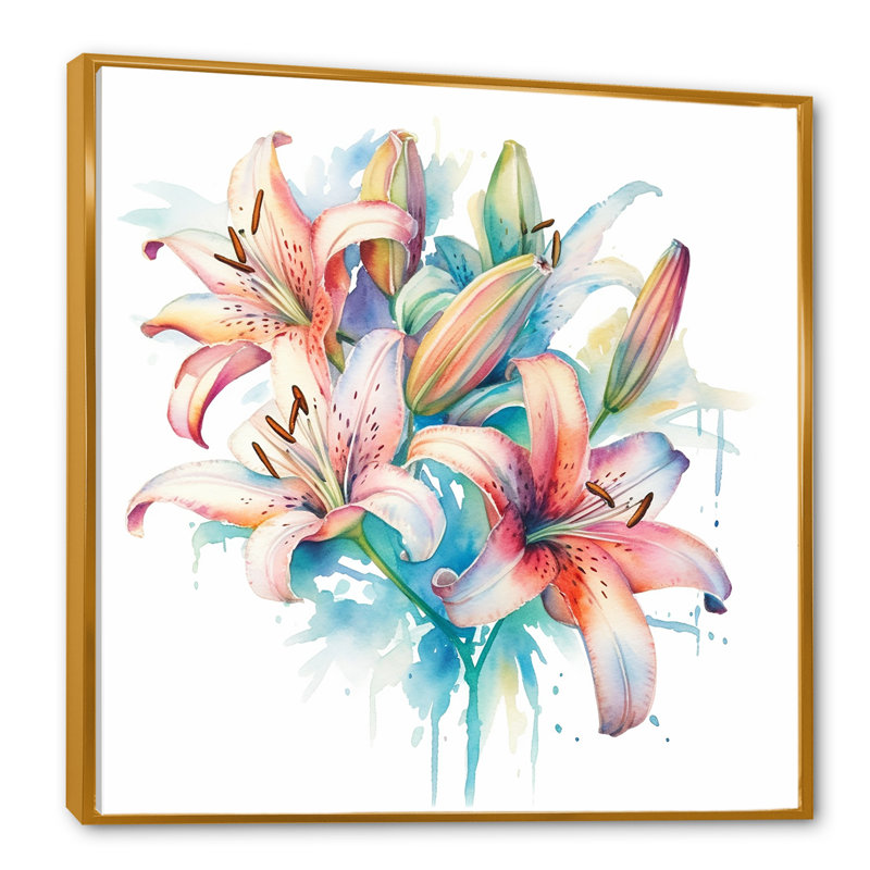 Aquarelle élégante lis pureté III sur toile, Cadre flottant doré, H 16 po x l 16 po x P 1 po