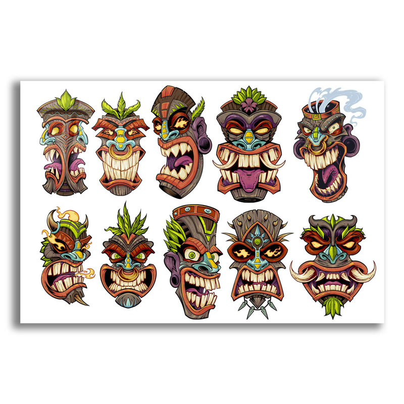 Tiki Heads Flat On Plastique / Acrylique par Flyland Designs Print, H 12 po x l 16 po x P 0,13 po