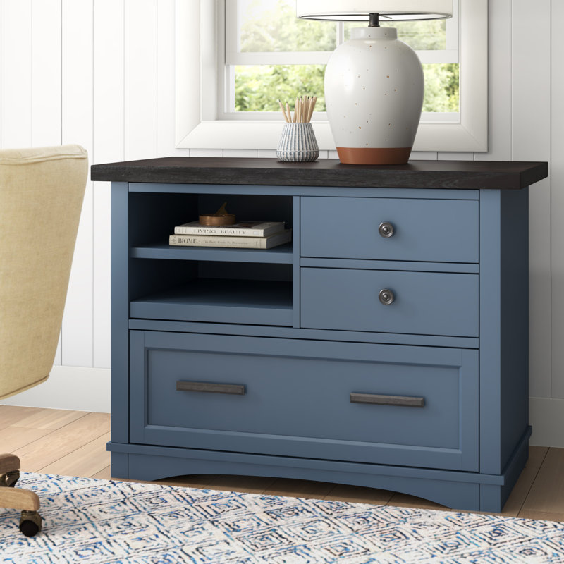 Classeur latéral 3 tiroirs Bankhead, Plateau sable / base denim