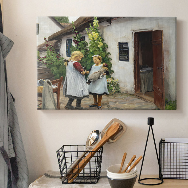 Deux filles jouant à l'extérieur d'une ferme-Hans Andersen Brendekilde-Gallery, toile tendue-c. Fin du 19e siècle / début du 20e siècle