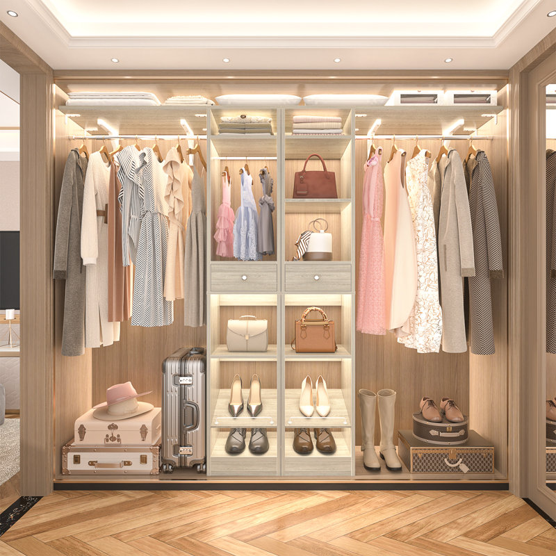  58"- 90" W Closet System with Wooden Drawers and Hanging Rods(Cut to Fit), White Oak