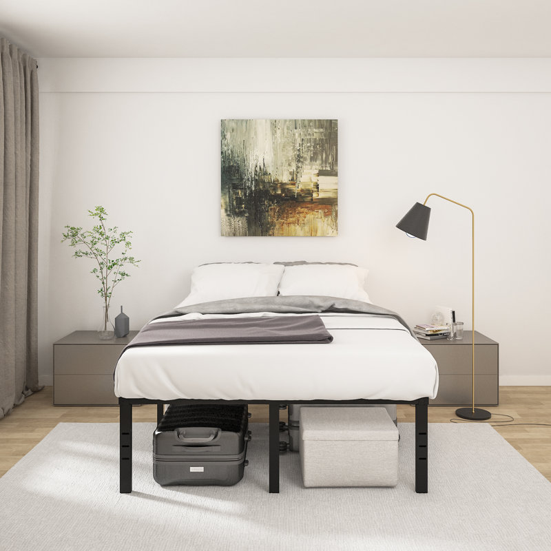 Structure de lit plateforme en métal noir 18 po, sans sommier, fentes pour la tête de lit, pas de bruit, Lit double, 18"