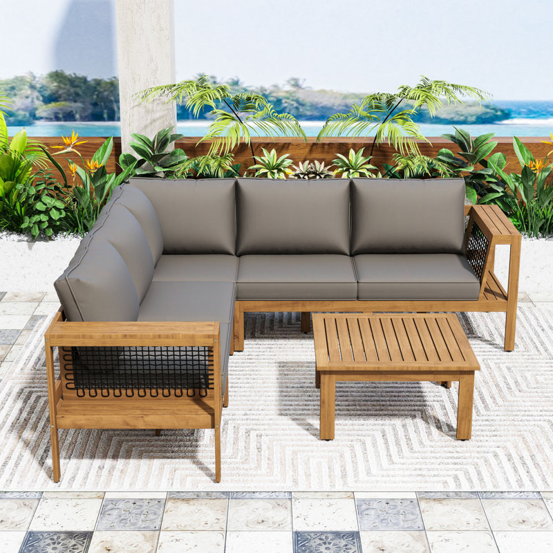 Ensemble de conversation d'extérieur 4 pièces en bois d'acacia avec accoudoirs en corde, coussins et table basse