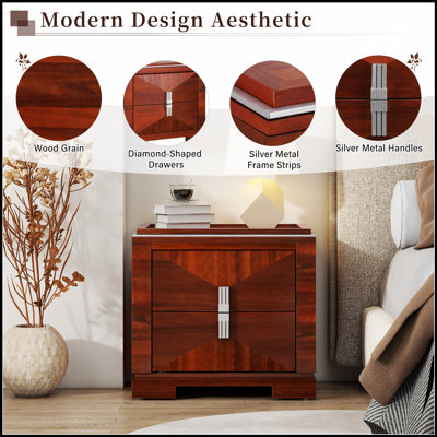 Table de chevet moderne Mid-Century avec 2 tiroirs, base robuste et rangement spacieux pour la chambre à coucher et le salon