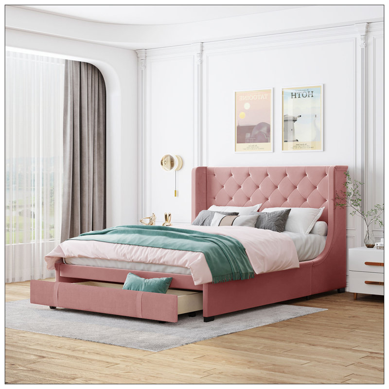 Grand lit plateforme tapissier avec rangement Darcy-Mae, Rose
