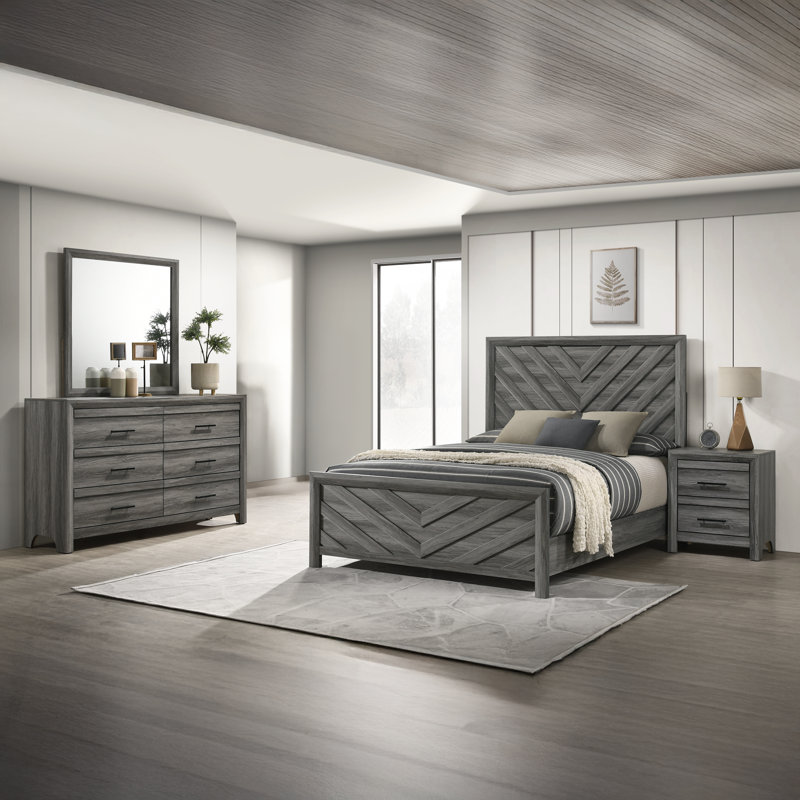 Zarrah Standard 4 Piece Bedroom Set, Queen, Gray, 4 Pcs: Bed, Nightstand, Dresser, Mirror