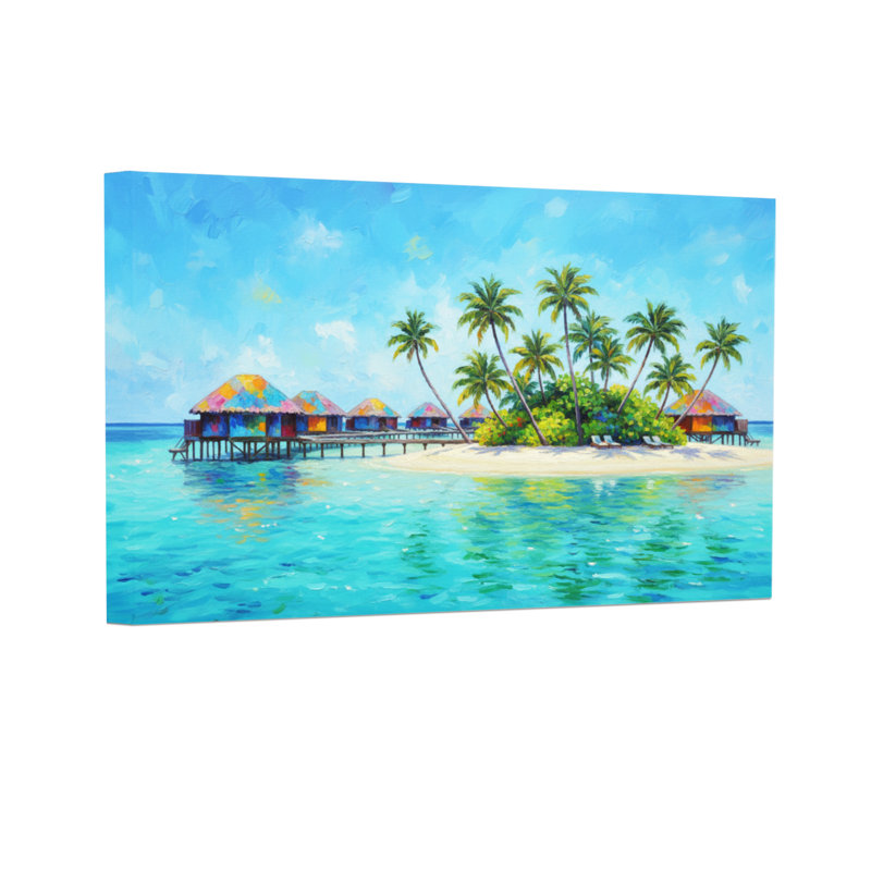 Paysage et nature Île tropicale, palmiers, eau, pavillons, ciel, plage, océan, H 12 po x l 18 po