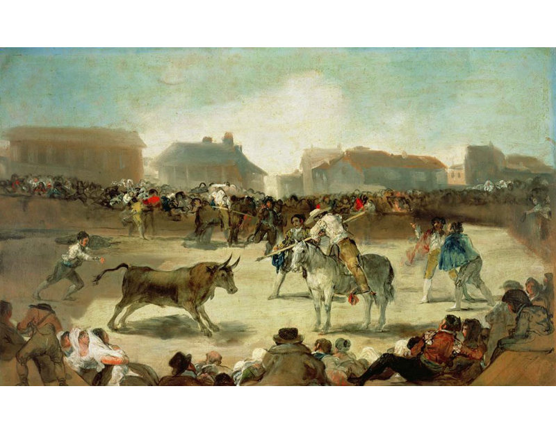«A Village Bullfight», affiche brillante, H 14,5 po x l 24 po