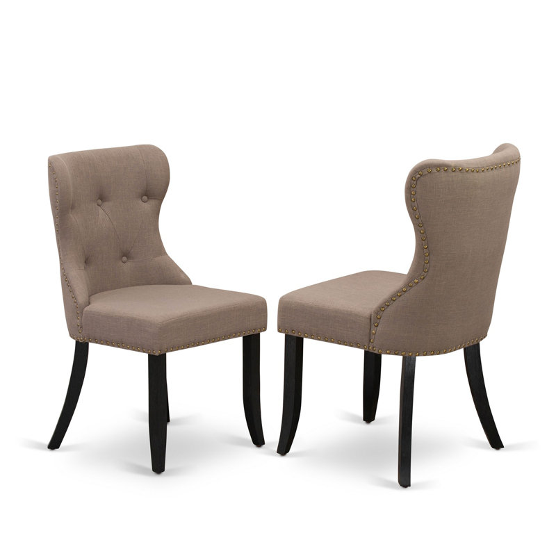 Garretson 18'' H Tufted Linen Fabric Upholstered Side Chair, Coffee, Wirebrushed Black