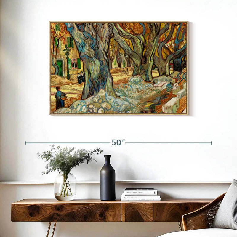 Les grands platanes, Floating Frame Natural Wood, 37 po x 25 po