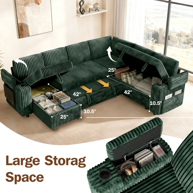110" Modular Sectional Pull-Out Sofa With Side Table, Cupholders, Charging Ports, Green