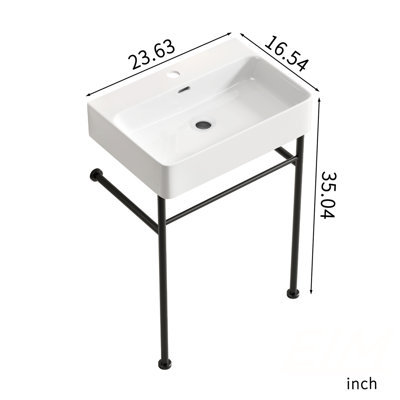 Freestanding Bathroom Console Sink 24in*16.5in*34.65in Stainless Steel Support Pedestal Legs Wall-Mounted White Ceramic Basin, Bathroom Vanities