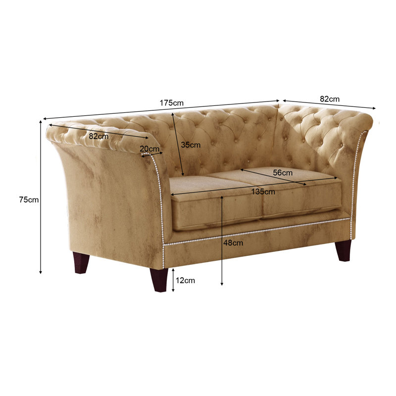 Chesterfield  Sofa 2 Seater Made of Velvet Fabric with Solid Wood Legs, Beige