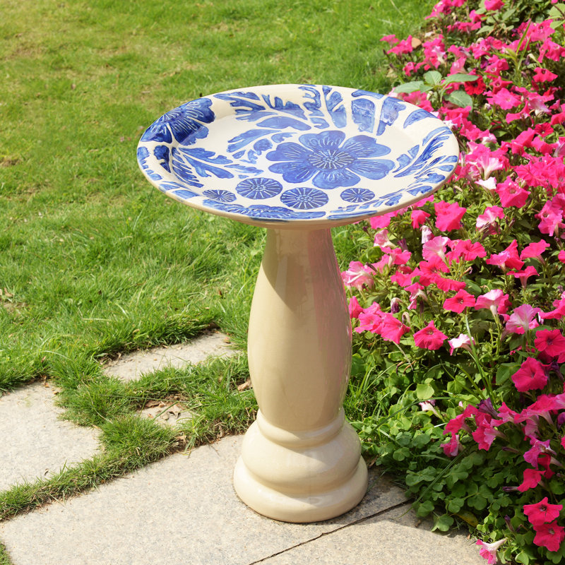 Ceramic / Porcelain Birdbath, Ivory/Blue
