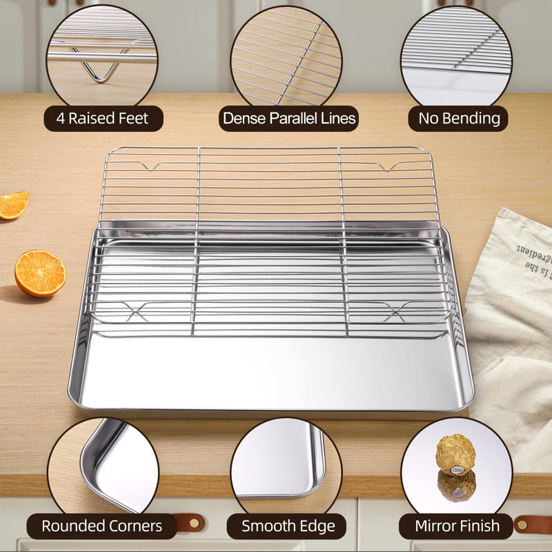 Baking Sheet With Cooling Rack Set Of 6, 3 Premium Stainless Steel Cookie Sheets And 3 Wire Racks, Kitchen Nonstick Baking Pans Set Includes 3 Different Sizes, Heavy Duty Non Toxic