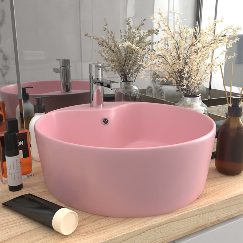 Belfry Bathroom Kyzer 360mm L x 360mm W Ceramic Circular Sink with Overflow, Pink