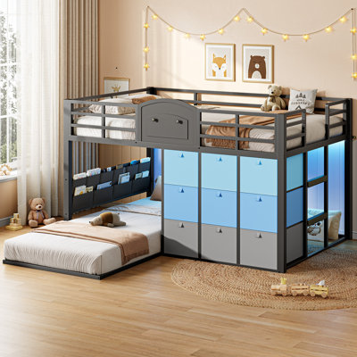 Lit superposé bas pour enfants (deux lits simples superposés) avec 9 tiroirs de rangement, en métal gris, avec rangement, en forme de L, poche de chevet, lumière DEL, barrière de sécurité, escalier, sans sommier nécessaire.