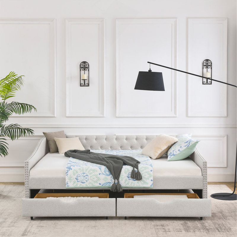 Queen Size Daybed With Drawers Upholstered Tufted Sofa Bed, With Button On Back And Copper Nail On Waved Shape Arms, Beige